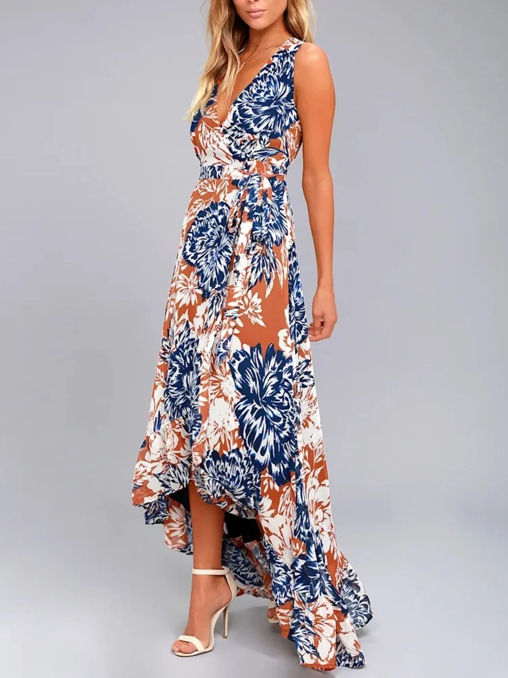 Lulu’s Desert Trip Rust Orange Floral Print High-Low Wrap Dress - Picture 3 of 4